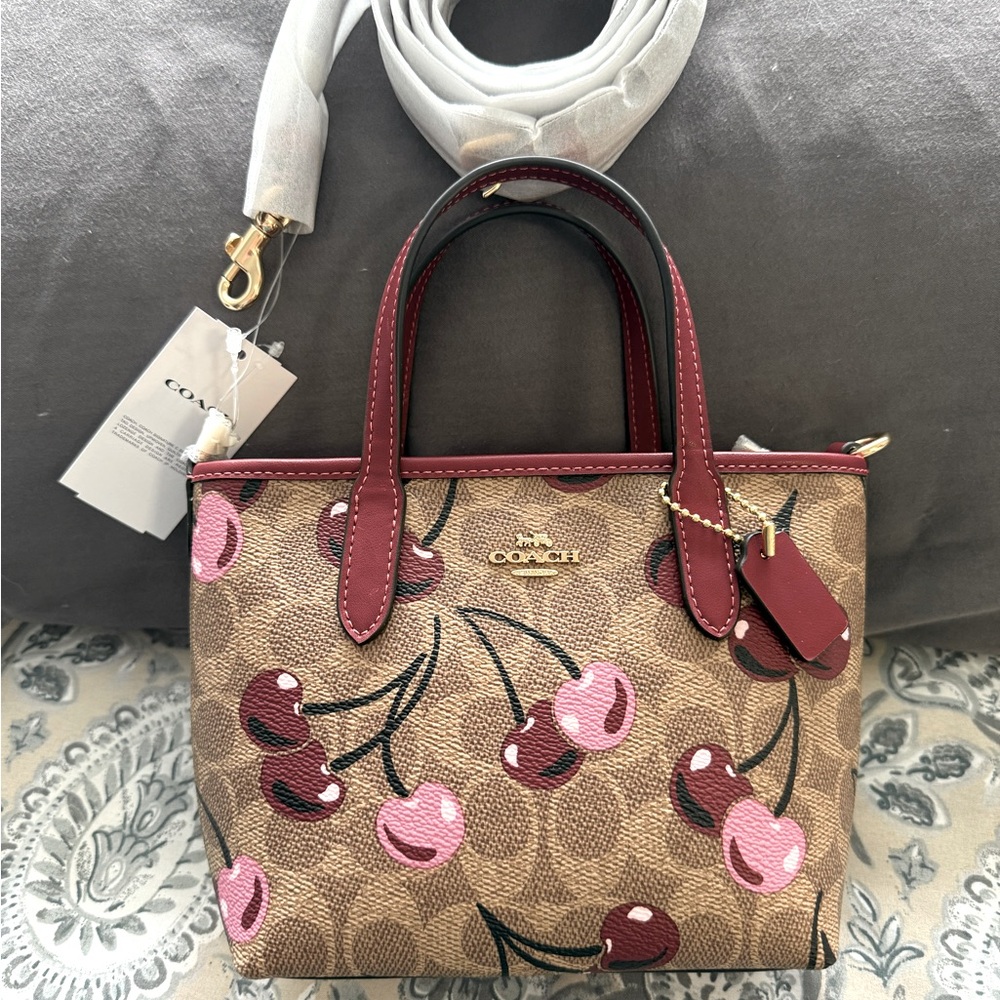 Coach Mini Cherry Print Brown and Red Women's Bag
